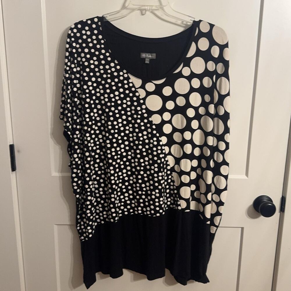 Ulla Popken Tunic T Shirt Womens 32/34 Black Polka Dot Oversized Dolman Sleeve